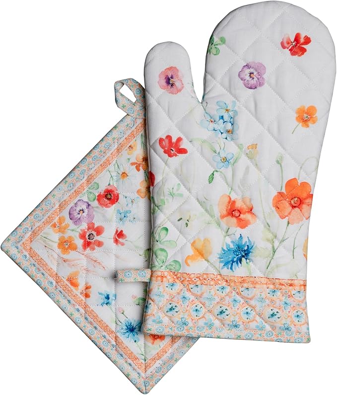 Maison d' Hermine 100% Cotton Oven Mitt & Pot Holder Set (7.5"x13" & 8"x8") Heat Resistant BBQ Cooking Gloves with Loop Baking Grilling Kitchen Hotel Home Farmhouse Spring Summer(Summer Whisper)