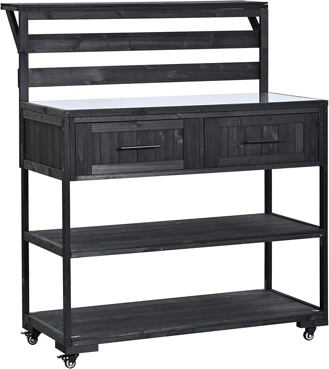 GDFStudio Elshire Patio Kitchen Island Cart with Storage, Wooden Outdoor Storage Cabinet with Stainless Steel BBQ Prep Table Top, Drawers, Raised Shelf and Lockable Wheels, Garden Potting Bench, Black
