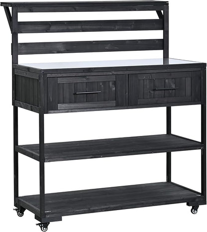 GDFStudio Elshire Patio Kitchen Island Cart with Storage, Wooden Outdoor Storage Cabinet with Stainless Steel BBQ Prep Table Top, Drawers, Raised Shelf and Lockable Wheels, Garden Potting Bench, Black