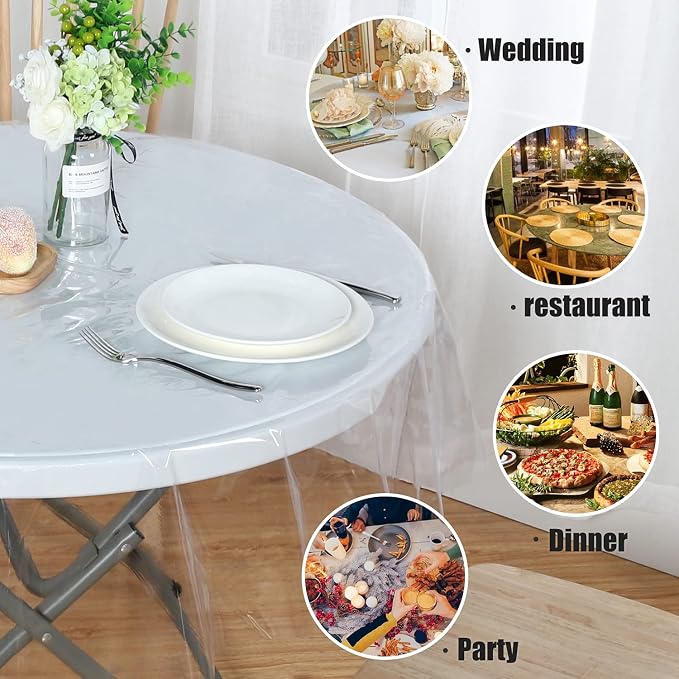 sancua Clear Plastic Table Cover Protector Vinyl Round Tablecloth 70 Inch | Waterproof PVC Rectangle Table Cloth, Oil Spill Proof Wipe Clean, For Dining Tables, Parties & Camping, Crystal Clear