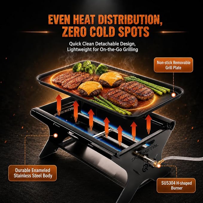 3-in-1 Portable Camping Grill, Foldable Charcoal Wood Gas BBQ & Fire Pit with Pull-Out Removable Griddle Plate & Carry Bag, for Backpacking Tailgating Patio Outdoor Cooking