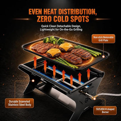 3-in-1 Portable Camping Grill, Foldable Charcoal Wood Gas BBQ & Fire Pit with Pull-Out Removable Griddle Plate & Carry Bag, for Backpacking Tailgating Patio Outdoor Cooking