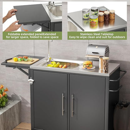 KEIKI Outdoor Grill Table with Sink & Foldable Worktop, 304 Stainless Steel BBQ Cart with Storage Cabinet & Wheels, Outdoor Kitchen Prep Station with Large Basin for Backyard, Garden, Patio