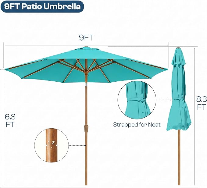 9ft Outdoor Patio Umbrella, Market Table Umbrella with Crank and Easy Push Button Tilt, Wood Grain Frame, UPF 50+ for Pool, Garden, Deck, Backyard