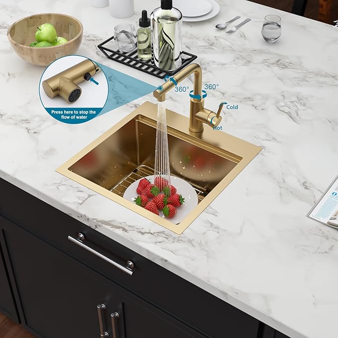 Gold Bar Sink With Faucet Drop In Bar Sinks 18 Inch Stainless Steel Indoor Outdoor Kitchen Workstation16 Gauge Single Bowl Small Sinks With Pull-out Faucet 18"x18"x9"