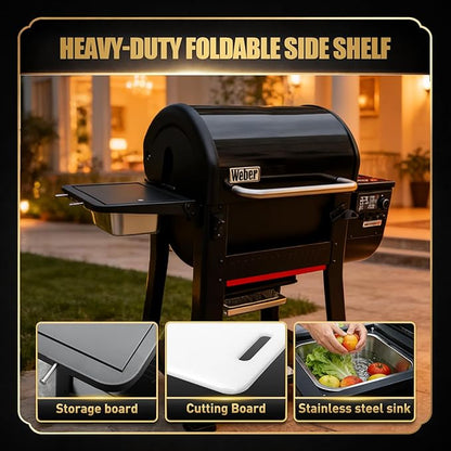 QuliMetal Grill Side Table for Weber Searwood 600 and 600XL, Foldable BBQ Prep Shelf with Cutting Board, Stainless Steel Basin, Lid and 2 Hooks, Side Shelf Grill Accessory