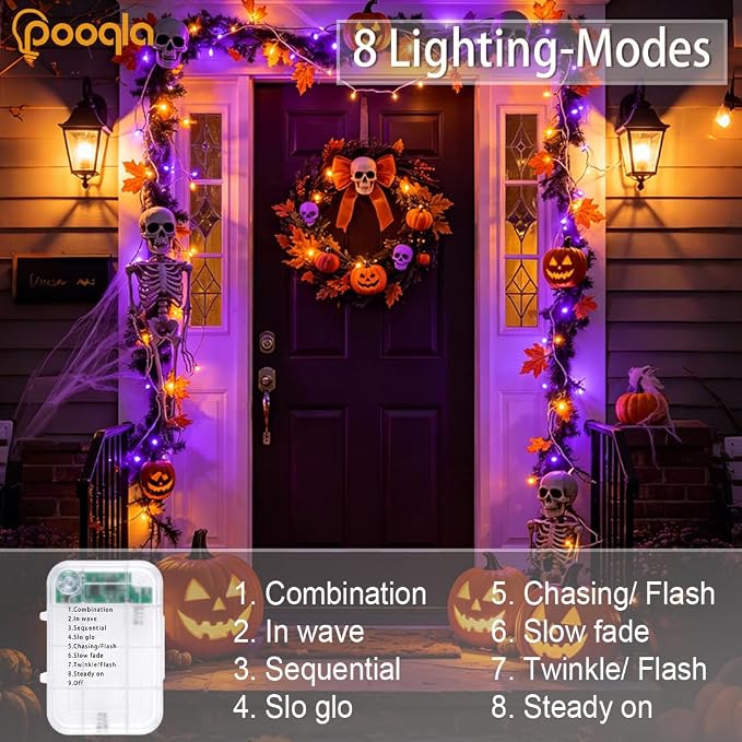 Pooqla 4 Pack String Lights Battery Operated, Total 66.6ft 200 LED Fairy Lights Indoor Outdoor Decorations, 8 Modes Battery Lights for Halloween Bedroom Classroom Porch Party Yard Decor, Orange Purple