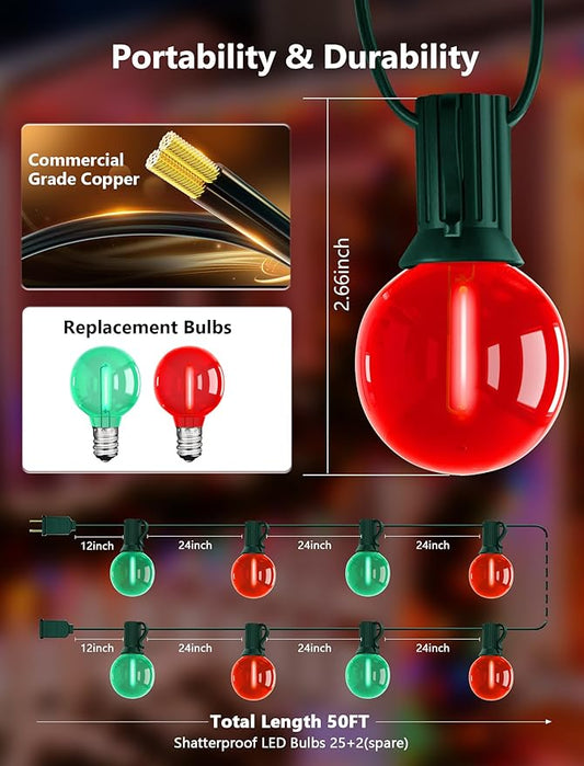 50Ft Red and Green Christmas Lights Outdoor, G40 Globe Patio String Lights with 27 LED Red and Green LED Bulbs(2 Spare), Vintage Outdoor String Lights for Outside Camping RV Canopy Porch Xmas Decor