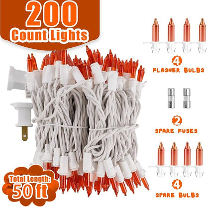 Christmas Mini String Lights Orange, 50FT 200 Count Incandescent Connectable Halloween Lights, UL Listed Waterproof Christmas Decorations for Indoor Outdoor Party Home Garden Decor, White Wire