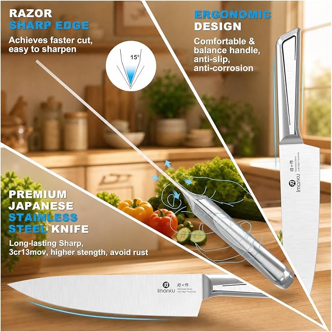 imarku 14-Piece Knife Set with Block, Glides Through Meat, Fish, Veggies & Bread, High Carbon Stainless Steel, Built-in Sharpener, Ergonomic Non-Slip Handle, Essential Gift for Home Cooks