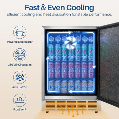 24 Inch Outdoor Beverage Refrigerator Holds Up to 180 Cans for Soda, Beer, Built-In or Freestanding Outdoor Fridge with Stainless Steel Door for Outdoor Kitchen, Patio, Home Bar
