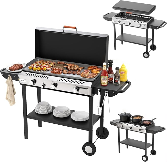 Veralune 3 Burner Outdoor Propane Gas Stove with Griddle, Ignition & Side Shelves, 225,000 BTU Powerful Stand Cooker for Backyard Patio Cooking Home Brewing Canning Turkey Frying