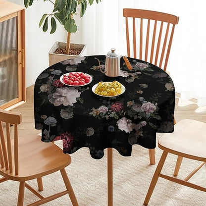 Vintage Florals Round Tablecloth, Black Pink Garden Gothic Flowers Rustic Roses Boho Botanical Plant Water Resistant Wipeable Table Cover for Picnic Party Holiday Kitchen Dinner Table 36"