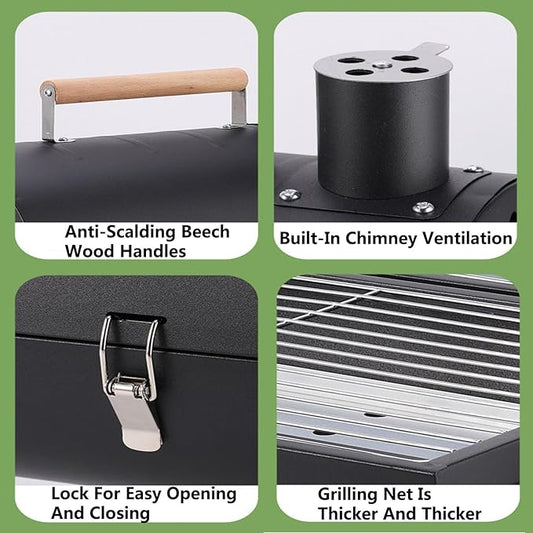Charcoal Grill, Smoker Barbecue Grill, 2 In 1 Outdoor BBQ Grill, Large Double-sided Grilling Area With Beech Wood Handles, Barbeque Grill With Stainless Steel Grill And Baking Tray, For Camping Picnic