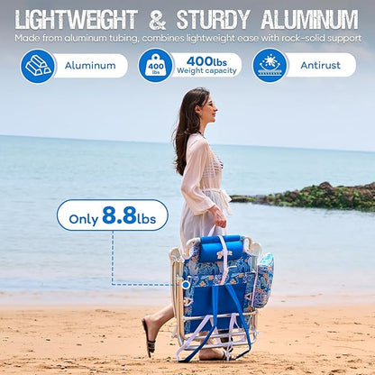 Old Bahama Bay Backpack Beach Chair, Aluminum Lightweight Reclining 5-Position Lounge Chair for Adults Heavy Duty Support 400 LBS Portable Folding with Cooler Bag Camping Chair for Sand Outdoor