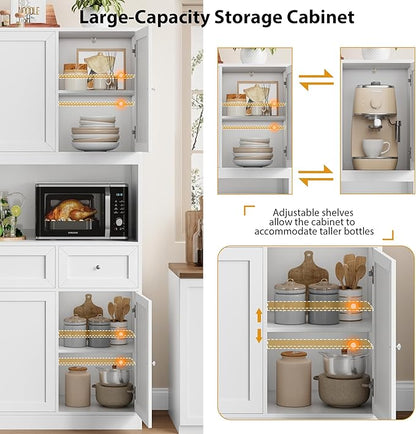 BOTLOG 72" Kitchen Pantry Cabinet, Kitchen Hutch with Microwave Stand, Buffet Cabinet with Hutch for Dining Room, White | 2 Drawers, Large Capacity, 47.2-inch wide Countertop, Kitchen Hutch utch for Dining Room (White)