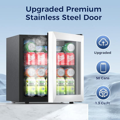 Beverage Refrigerator, 50 Cans Commercial Mini Fridge Cooler, 1.3 Cu.ft with Glass Door, Adjustable Shelves, Digital Temperature Freestanding Small Drink Fridge Soda Beer or Wine for Home Dorm Bar