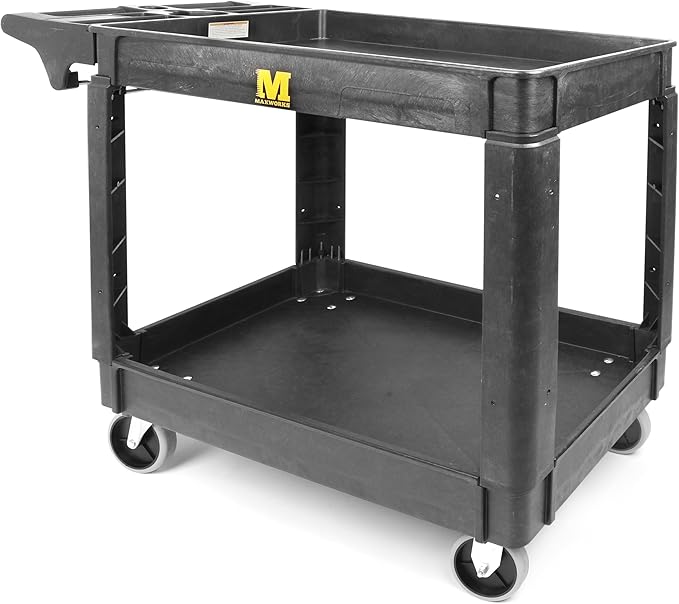 MaxWorks Heavy Duty 2‑Shelf Service Cart 500 lb Capacity Polypropylene Utility Cart with 5" Non‑Marring Casters Deep Trays and Built‑In Tool Storage for Garage Warehouse Workshop (80855)