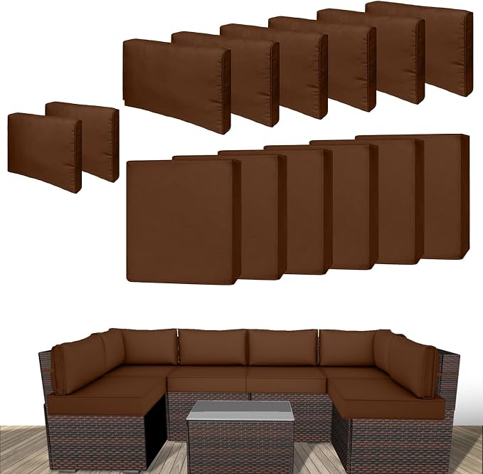 14 Piece Outdoor Patio Cushion Cover Replacement, Waterproof Patio Cushion Covers, Outdoor Furniture Cushion Covers Set for 6 Seat Wicker Rattan Sofa (Coffee)