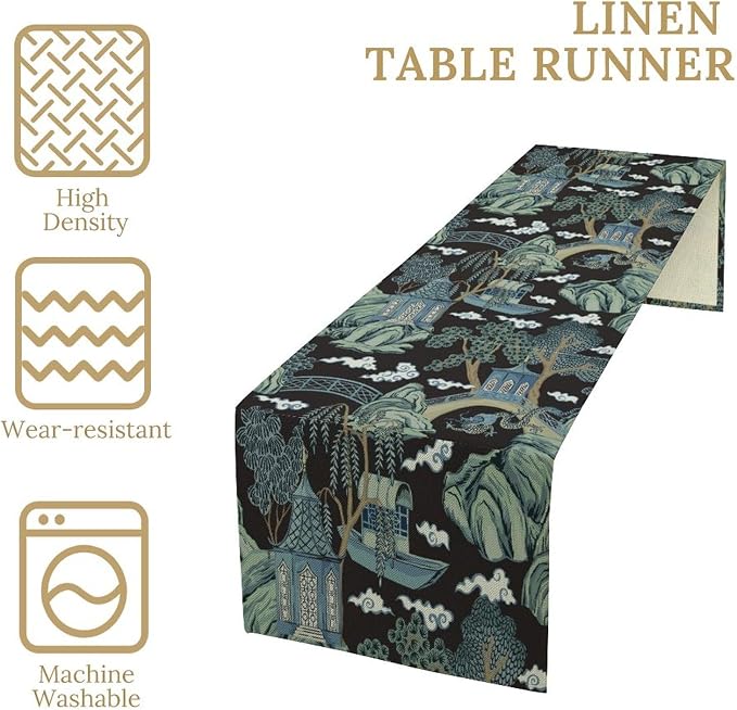 Chinese Landscape Table Runner Oriental Vintage Chinoiserie Black Blue Mountains Pagoda Boat Bridge Pine Trees Dinner Runner for Wedding Party Holiday Kitchen Dining Home Decor 13x108in