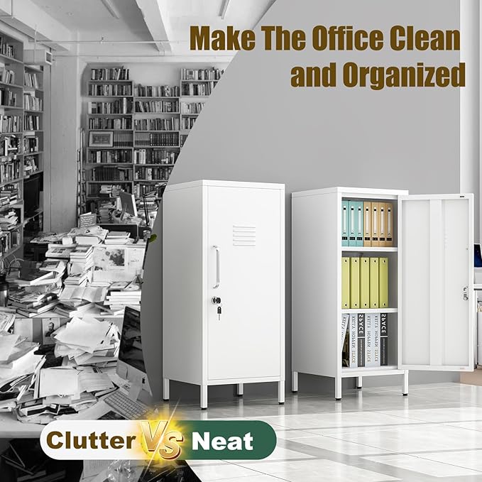 Metal Locker Cabinet, 35.4" H Home Office Storage Lockers, Vertical Steel Storage Cabinet with Locking Door and 2 Adjustable Shelves, Garage Tool File Cabinets for Home Office,Garage,Bathroom,White