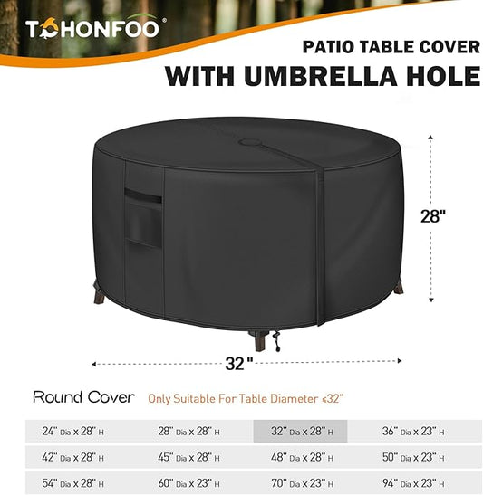Round Patio Table Cover with Umbrella Hole - 32" Dia x 28" H (Cover Size，NOT Table Size) Heavy Duty Waterproof 600D Oxford Fabric Outdoor Lawn Patio Furniture Covers