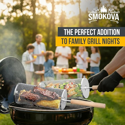 Rolling Grill Basket for Veggies (2 PCS) | 304 Stainless Steel Grill Baskets for Outdoor Grill with Removable Wooden Handle | BBQ Baskets for Grilling | Vegetable Grill Basket