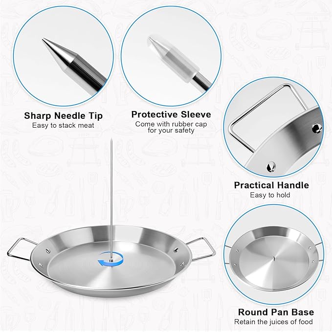 Al Pastor Skewer for Grill,Extra Large 13Inch Brazilian Spit Stand Fat Separator Tray with Removable Spikes Brush Clip Scissor,Stainless Steel Vertical Sticks for Shawarma,Chicken on Smoker Oven