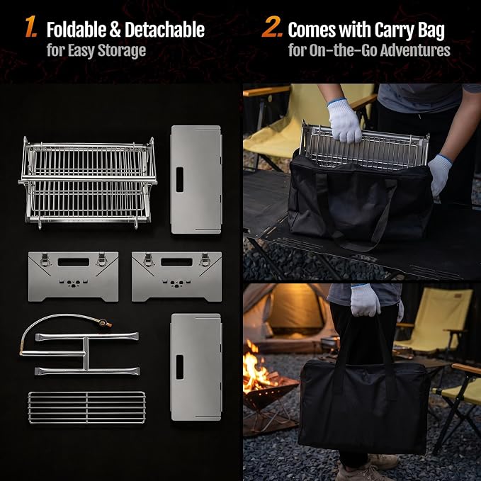 Portable Gas Grill,360° Rotating Charcoal Grill,Stainless Steel Flipping Camping Barbecue Grill with Carry Bag,Detachable BBQ Grill & Fire Pit for Outdoor Cooking,Camping,Tailgating, Patio & Backyard