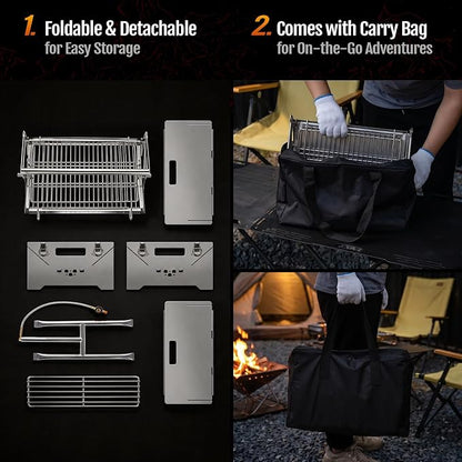 Portable Gas Grill,360° Rotating Charcoal Grill,Stainless Steel Flipping Camping Barbecue Grill with Carry Bag,Detachable BBQ Grill & Fire Pit for Outdoor Cooking,Camping,Tailgating, Patio & Backyard