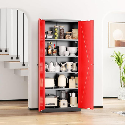 INTERGRAET 63" H Pantry Cabinet, Kitchen Pantry Storage Cabinets with 2 Doors and 4 Shelves, Metal Storage Cabinet,Cupboard for Home,Kitchen,Living Room/Dining, Black Red