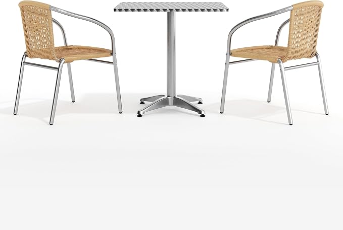 Flash Furniture 27.5'' Square Aluminum Indoor-Outdoor Table Set with 2 Beige Rattan Chairs | Indoor/Outdoor Use, Beige Rattan Chairs