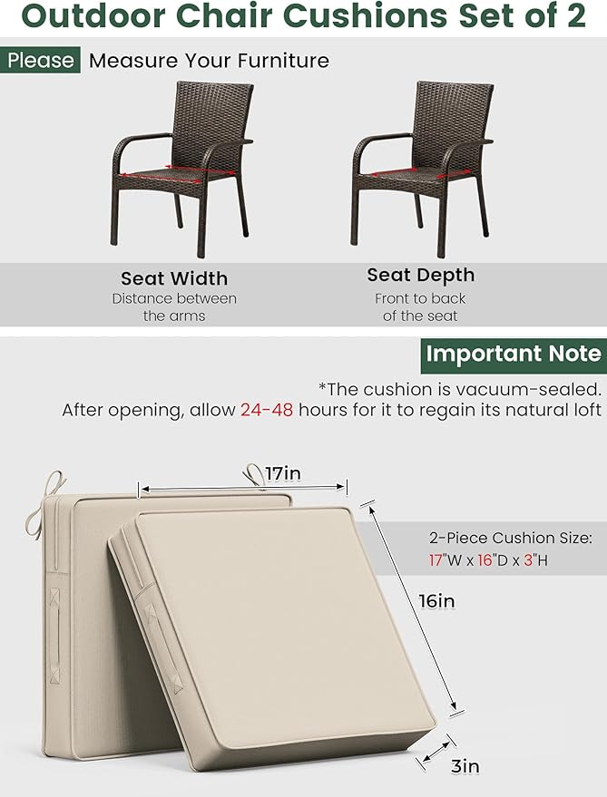 Outdoor Chair Cushion 17 x 16 x 3 Inches Patio Furniture Outdoor Waterproof Seat Cushion, Patio Chair Cushion with Handles and Ties, Square Dining Chair Cushion Set of 2, Cream
