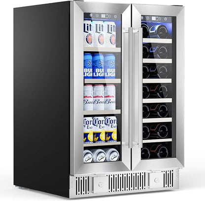 Electactic Dual Zone Wine Cooler with Glass Door, 21 Bottles and 88 Cans Wine and Beverage Refrigerator, 4.4 cu.Ft 24 Inch Built in or Under Counter Wine Fridge with LED Light, Two Door Lock