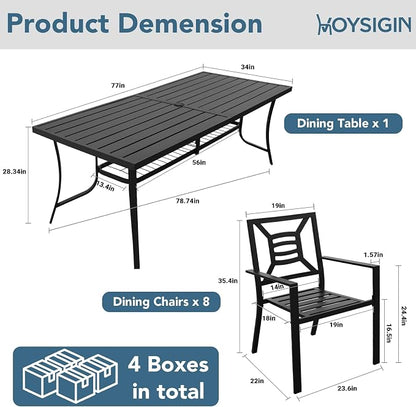 9 Piece Outdoor Patio Dining Sets, 77" Rectangular Metal Dining Table with Umbrella Hole & 8 Stackable Metal Chairs, Weather Resistant Garden Furniture Set for Backyard, Deck, Porch