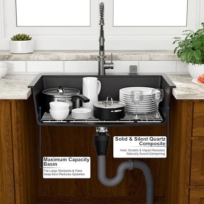 Mocoloo 33 Inch Drop in Workstation Kitchen Sink, 33x22 Matte Black Granite Composite Quartz Single Bowl Topmount Ledge Sink Above Counter