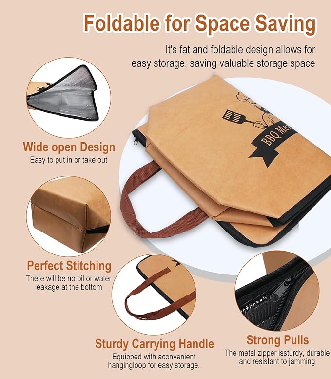 BBQ Blanket for Resting Meat, 21 in Waterproof Reusable Pellet Smoker Accessories Meat Insulated Resting Bag with Wide Mouth for Large Brisket/Beef/Pork Shoulders/Turkeys/Tenderloin