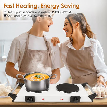 Electric Hot Plate for Cooking, 2000W Portable Cooking Stove Countertop Dual Burner Cooktop, Adjustable Temperature Control for All Cookwares Home Camp RV, Easy to Clean (Silver)