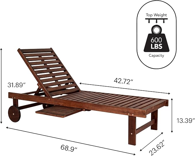 JONATHAN Y Seabrook 23.62" x 68.9" Acacia Wood Outdoor Chaise, Dark Brown | 5-Position Adjustable Back, Ivory Polyester Cushion, Pull-Out Side Table, Built-In Wheels, 600lb Capacity, Modern Coastal