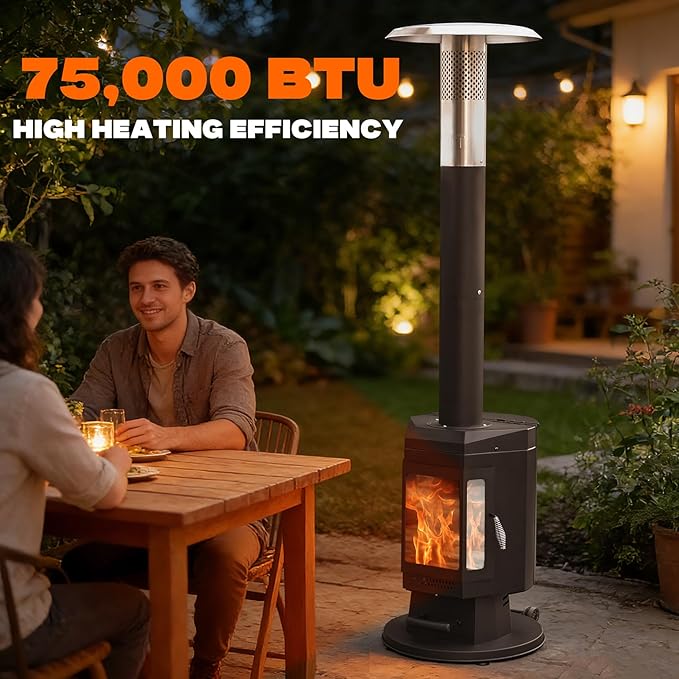 80" Premium Wood Pellet Patio Heater with Glass Window, Portable Pellet Heater with Wheel, Modern Fire Pit for Patio Backyard Garden Villa Outdoor Restaurant, 70,000BTU, FP058
