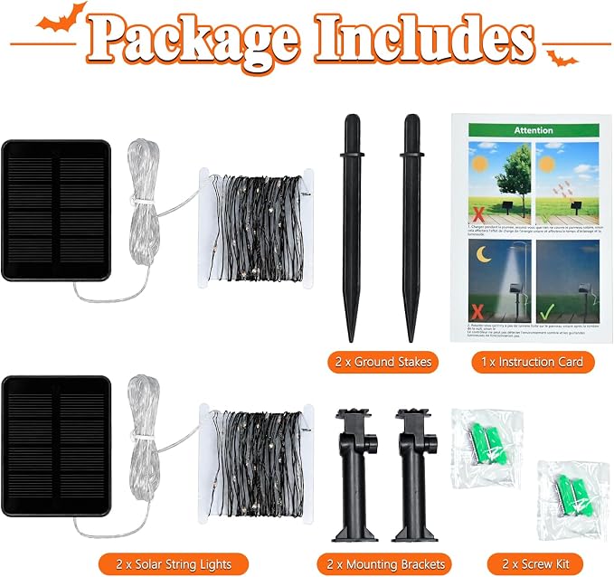 cshare Halloween Solar String Lights Outdoor, Orange Purple Solar Fairy Lights 2 Pack 16.4FT 50 LED Each, 8 Modes Waterproof Black Wire Fairy Lights for Yard Porch Fence Tree Bushes Decor