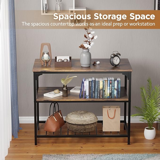 FDW 3-Tier Kitchen Island with Shelves, Modern Style, Sturdy Kitchen Island Table with Storage Shelves, Heavy Duty, Pewter Finish