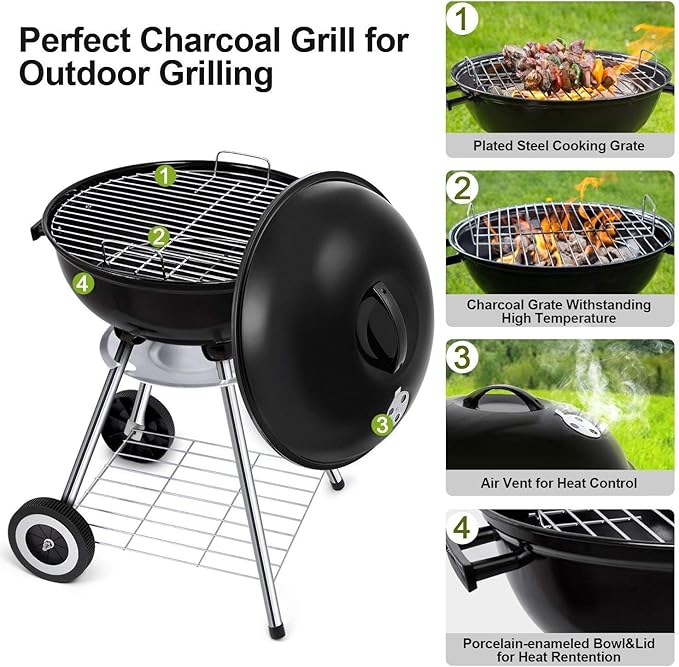 Premium Charcoal Grill，18 Inch Charcoal Carbon Enamel Barbecue BBQ Stove with Heat Control for Patio, Picnic, Tailgate