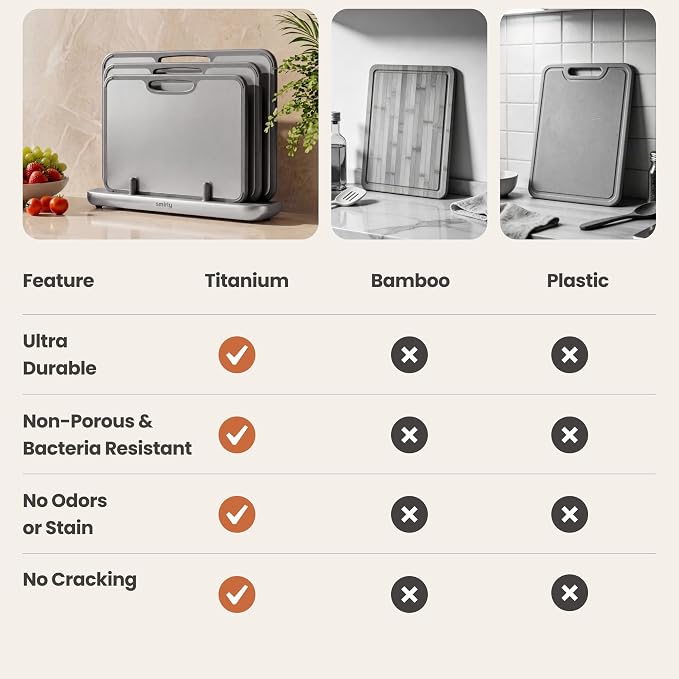 SMIRLY Titanium Cutting Board for Kitchen, with Holder, 3 Pack, Silver | Food-grade Titanium Surface with a Non-porous, Double-sided Design for Easy Cleaning and Hygienic Food Prep