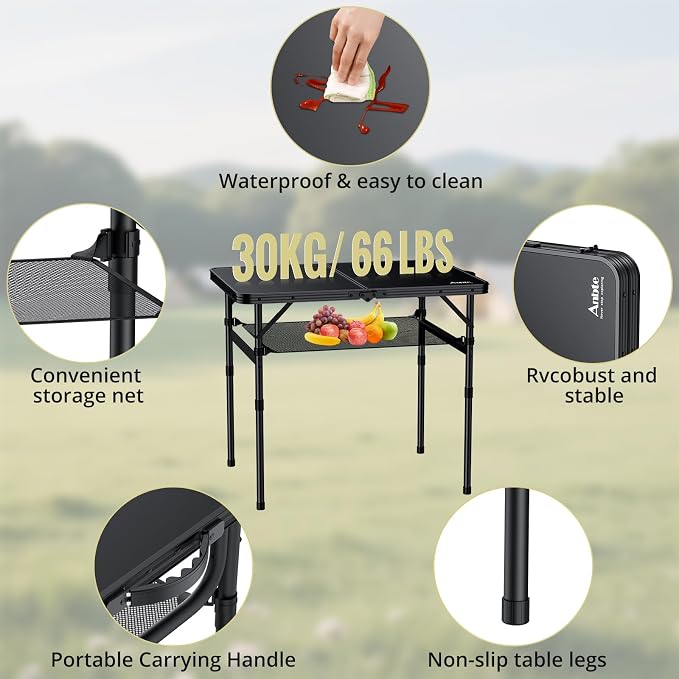 Anbte Folding Camping Table, 36" x 24" Picnic Table with Storage Net, Black | Adjustable Height Max 29.5 inch, Aluminum Alloy Small Folding Table, Lightweight, Portable Handle for Travel Outdoor Cooking