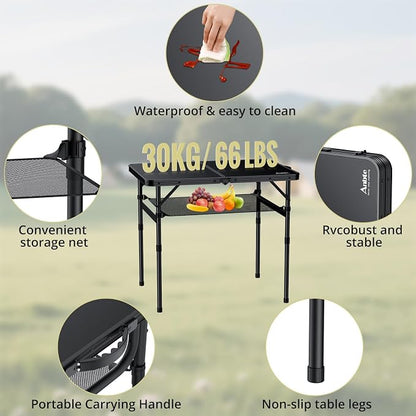Anbte Folding Camping Table, 36" x 24" Picnic Table with Storage Net, Black | Adjustable Height Max 29.5 inch, Aluminum Alloy Small Folding Table, Lightweight, Portable Handle for Travel Outdoor Cooking