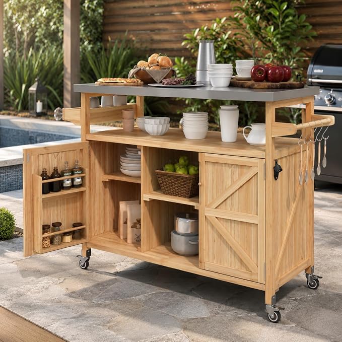Outdoor Kitchen Island, 50.25" Rolling Grill Table with Storage Cabinet, 201 Stainless Steel Top Outdoor Bar Cart, Solid Fir Wood BBQ Prep Station with Adjustable Shelves, Spice Rack (Natural)