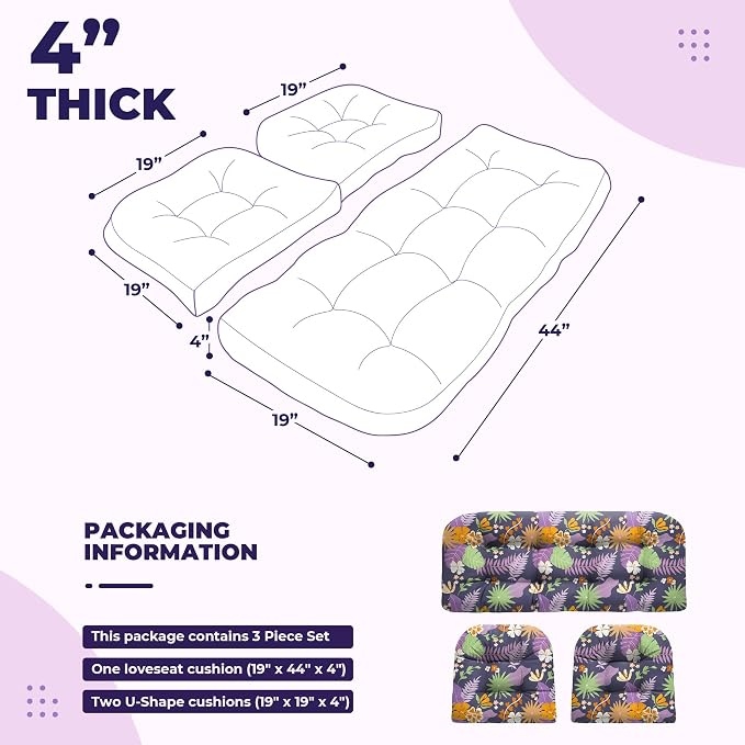 DANGHOOGY Wicker Chair Cushions, Waterproof Outdoor Loveseat Cushions for Patio Furniture, Tufted Wicker Furniture Cushions, 1 Loveseat and 2 U-Shaped Cushions (Purple Flower)