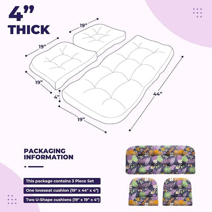 DANGHOOGY Wicker Chair Cushions, Waterproof Outdoor Loveseat Cushions for Patio Furniture, Tufted Wicker Furniture Cushions, 1 Loveseat and 2 U-Shaped Cushions (Purple Flower)