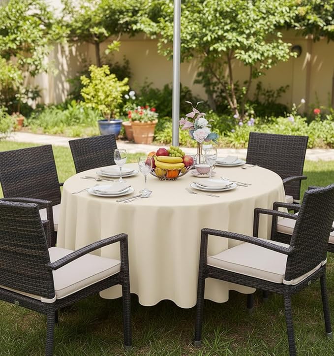Fitable Outdoor and Indoor Tablecloth, Beige, 60 Inches Round | Washable Waterproof Wrinkle Free Table Cover, Zipper and Umbrella Hole, For Spring Summer Party Picnic Camping Patio